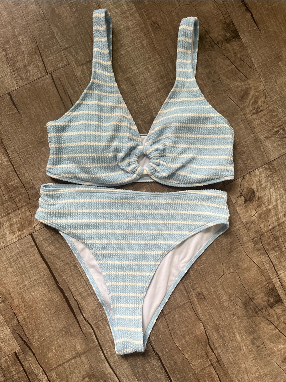 Striped Light Blue & White Bikini Set with Front Ring Detail